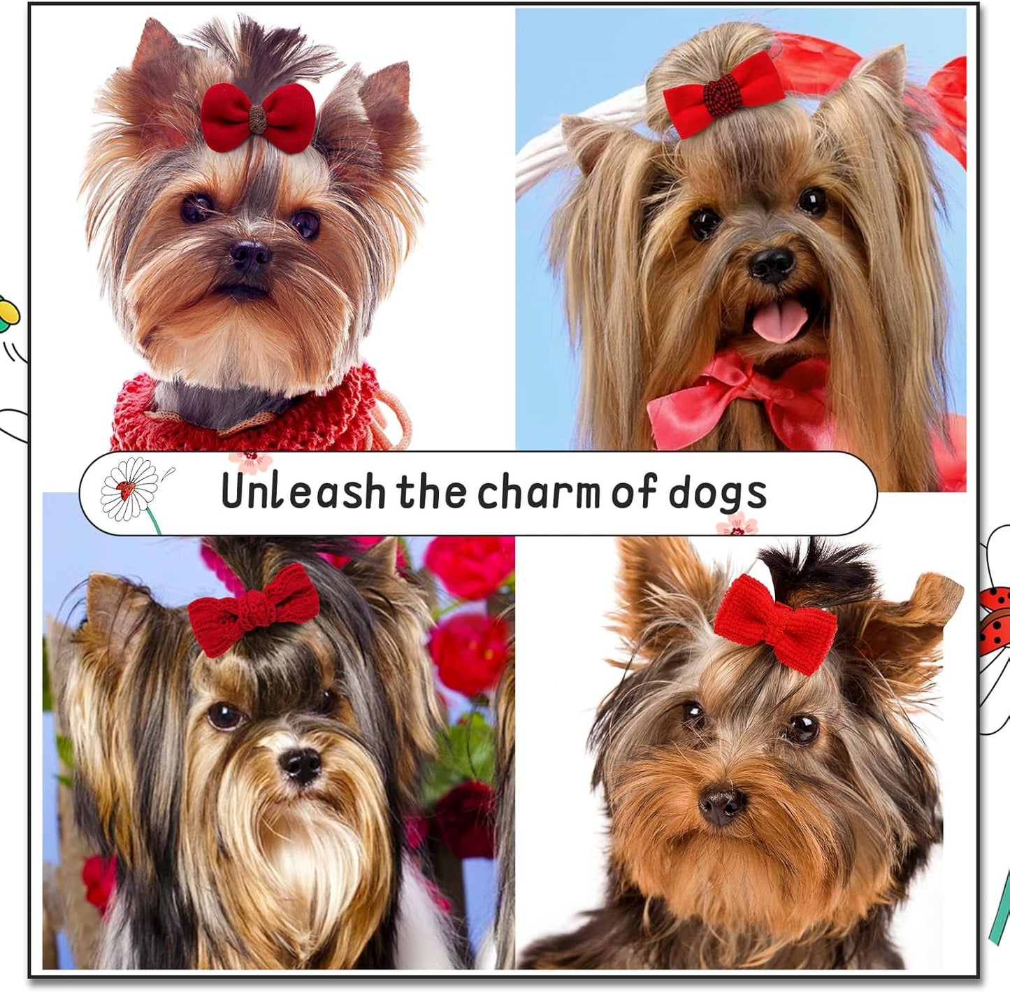 20pc Red Small Dog Hair Bows with Rubber Bands, Bulk Puppy Dog Hair Bows, Mix Handmade Cute Dog Gooming Flower Ball Bowknot Top Knot for Holiday Daily Yorkie Dog Hair Accessories