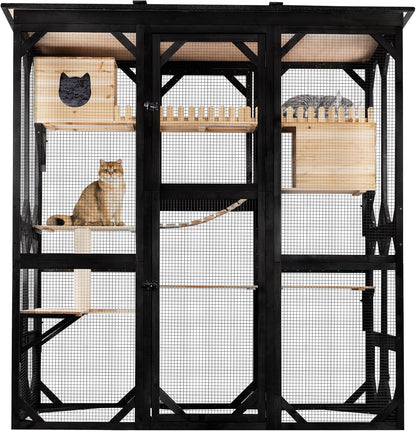 FunXplore 71.1" L Large Cat Catio Outdoor Cat Enclosure Window Acess, Walk-in Cat Cage Cat House for Multiple Indoor Outdoor Cats, Outside Patio 6 Doors Weatherproof Roof