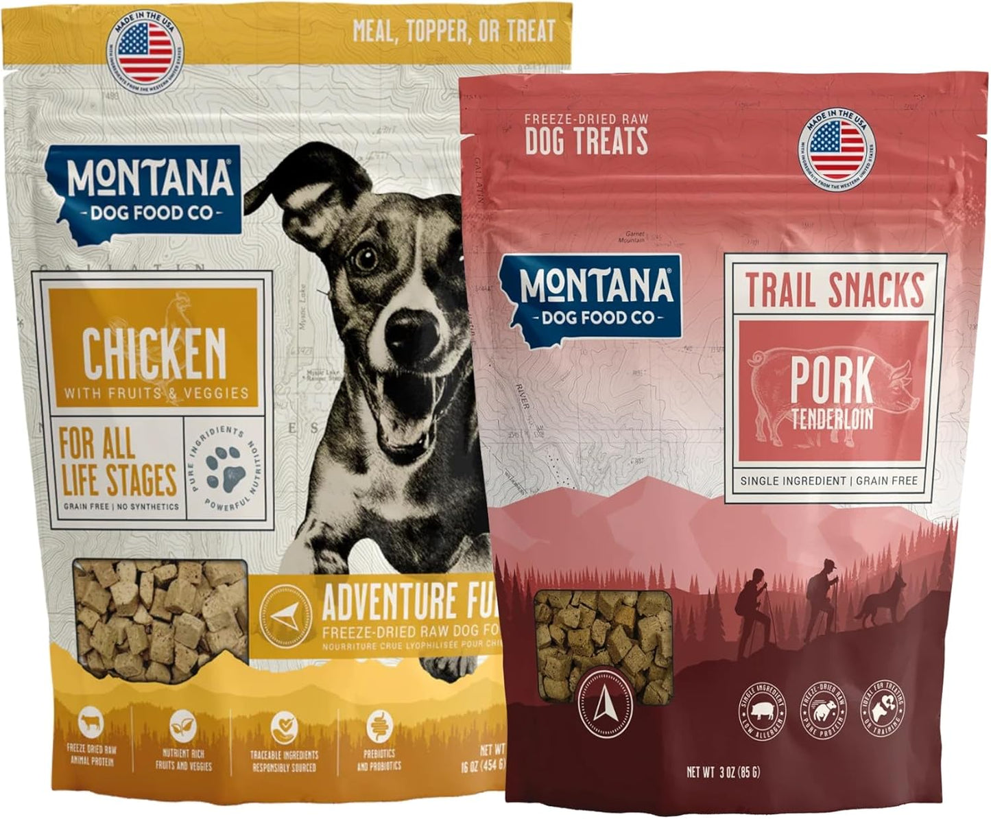Chicken Dog Food and Pork Dog Treat Adventure Fuel Bundle - 16 oz Freeze-Dried Raw Food with Single Ingredient Training Snacks