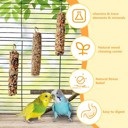 3PCS Parakeet Treat,Natural Parrots Treat Sticks,Vegetable & Grain Style Sticks,Bird Treats for Cockatiel Lovebirds Budgies Canary Finches Myna Conure