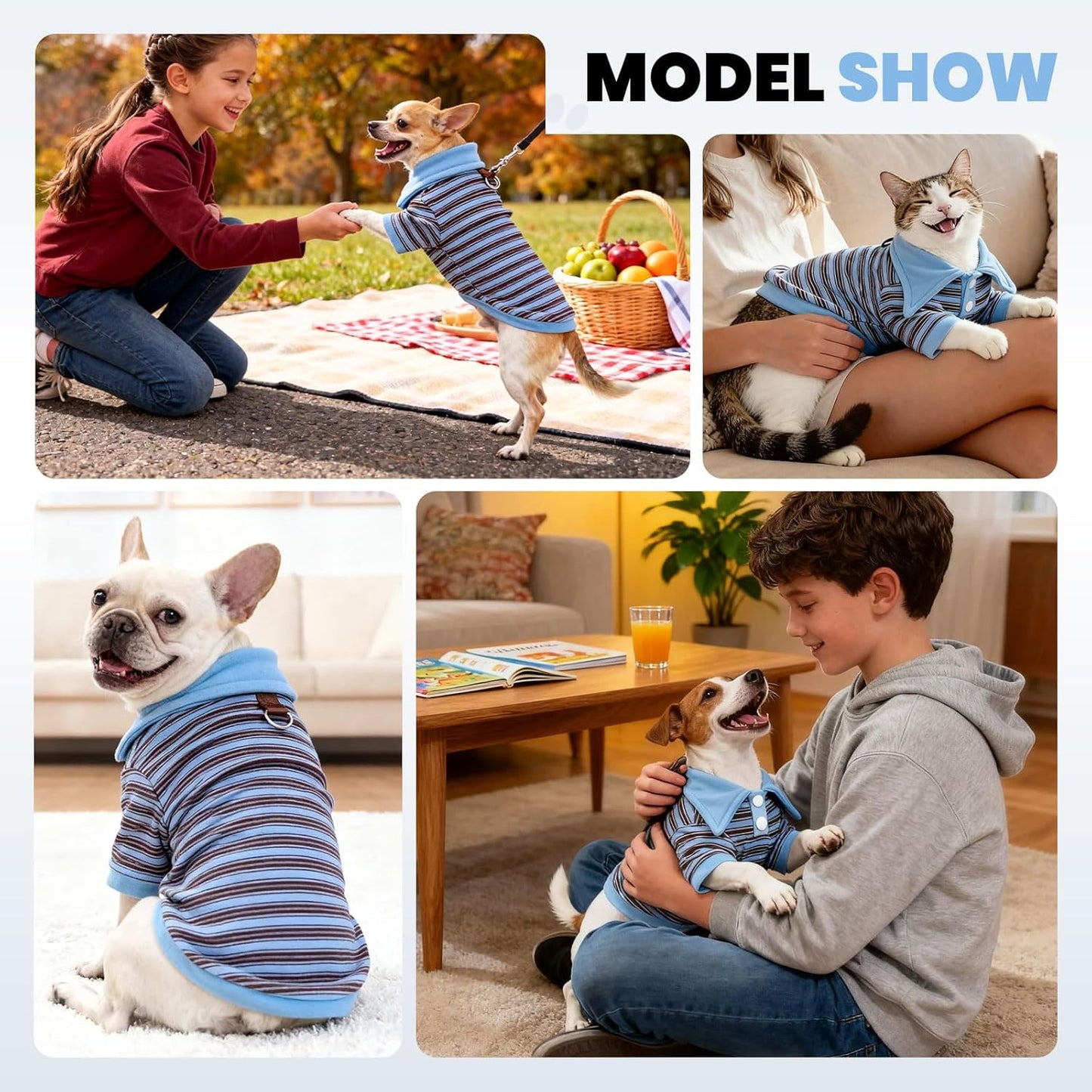 Fleece Dog Sweatshirt with Leash Ring Lightweight Stretchy Dogs Polo Shirt Striped Sleeves Pet Clothes Soft Dog Sweaters for Small Medium Dogs（Blue,Large）