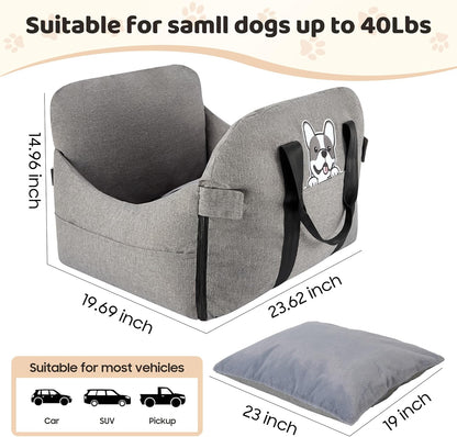 Dog Car Seat for Small/Medium Dogs.Water Repellent with Storage Pockets.Doubles as a Pet Travel Bed for Dogs Up to 40 lbs. Machine Washable Dog Carrier- Gray French Bulldog