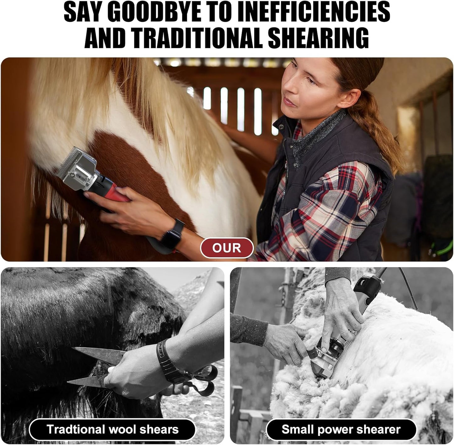 Horse Clippers,600W Professional Electric Horse Grooming Kit, Shaving Equine Clippers for Horses Goat Cattle Large Thick Coat Animals,6 Speeds Heavy Duty Farm Livestock Haircut Trimmer