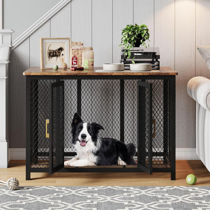 48 Inch Large Dog Crate Furniture with Top Access Door, Heavy Duty Wooden Indoor Flip Top Pet Cage Farmhouse Style for Large, Medium, Small Dogs, Brown