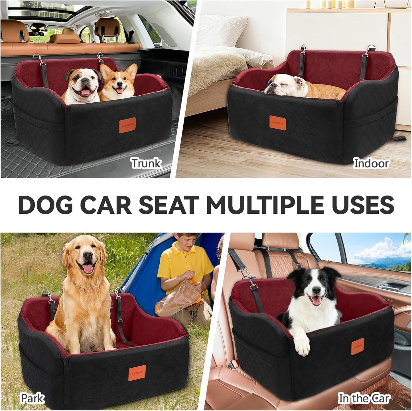 Dog Car Seat for Medium/Large Dogs, Memory Foam Pet Booster Seat for Under 55 lbs or 2 Small Dogs, Detachable Dog Car Bed for Backseat with 2 Safety Leashes and Pockets (Black/Red, Large)