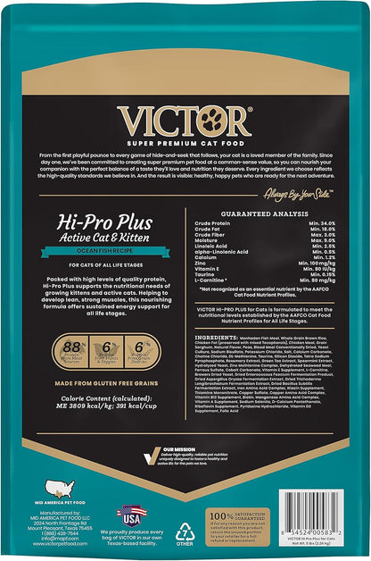 VICTOR Super Premium Cat Food – Hi-Pro Plus Active Adult Cat and Kitten – Dry Feline Food for Active Cats – All Breeds and All Life Stages – Supports Energy, Healthy Coat, Immune Function, 5lb