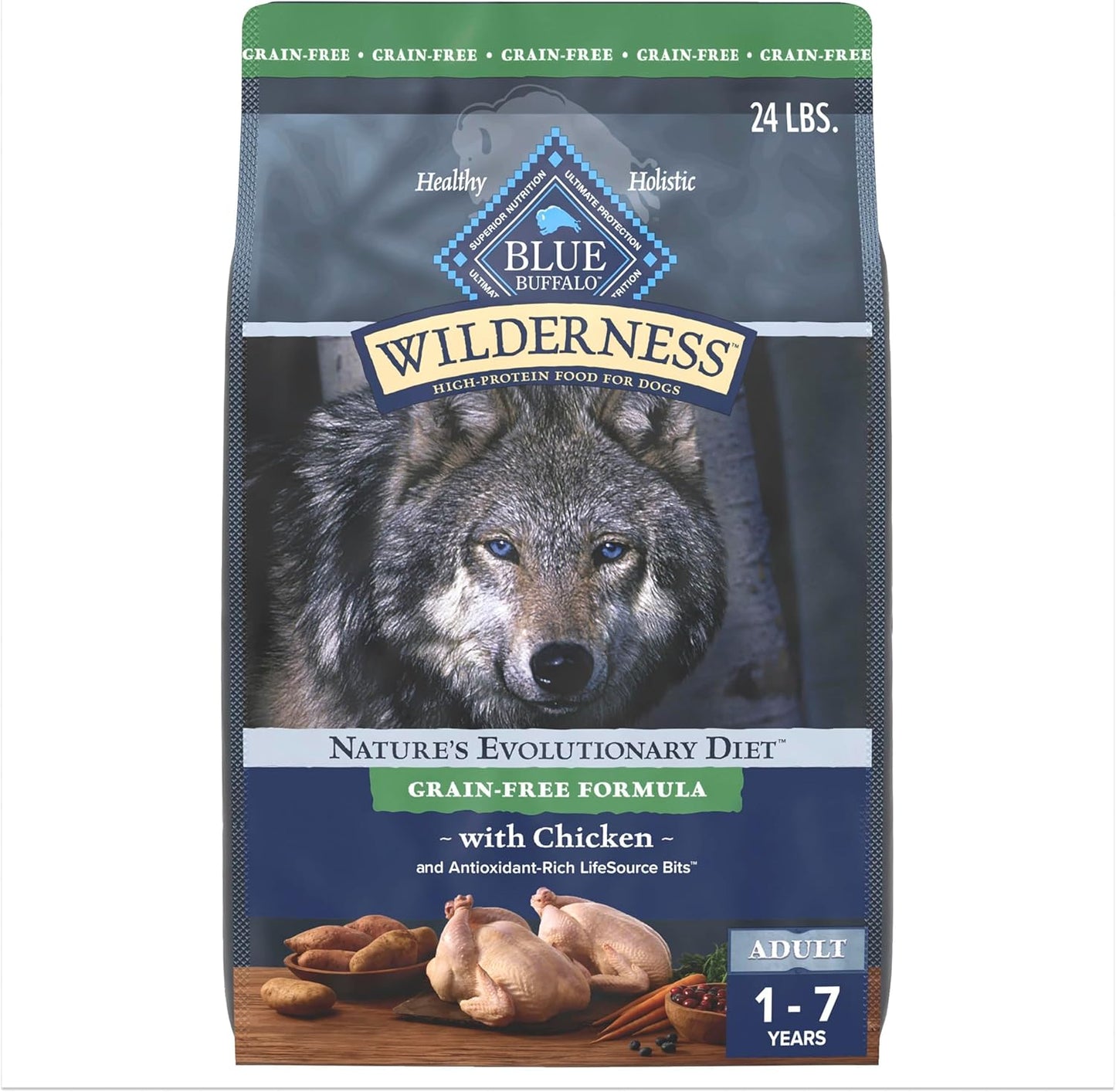 Blue Buffalo Wilderness Adult High-Protein Dry Dog Food with Real Chicken, Grain-Free, Made in the USA with Natural Ingredients, Chicken, 24-lb Bag