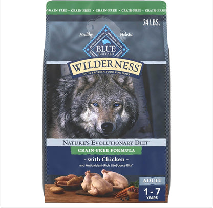 Blue Buffalo Wilderness Adult High-Protein Dry Dog Food with Real Chicken, Grain-Free, Made in the USA with Natural Ingredients, Chicken, 24-lb Bag