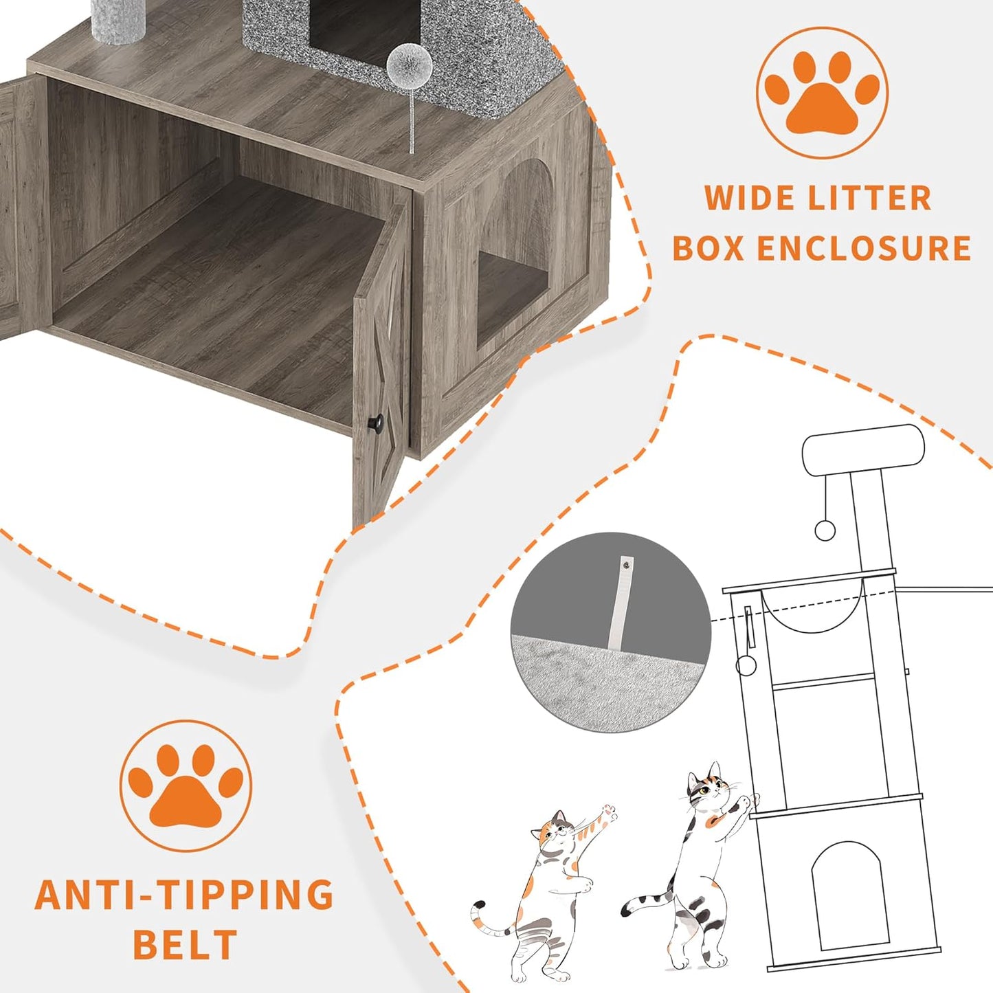 Cat Tree with Litter Box Enclosure Large, Multilevel Cat Play House with Large Condo, Spacious Hammock, Cozy Top Perch,Scratching Post and Dangling Balls