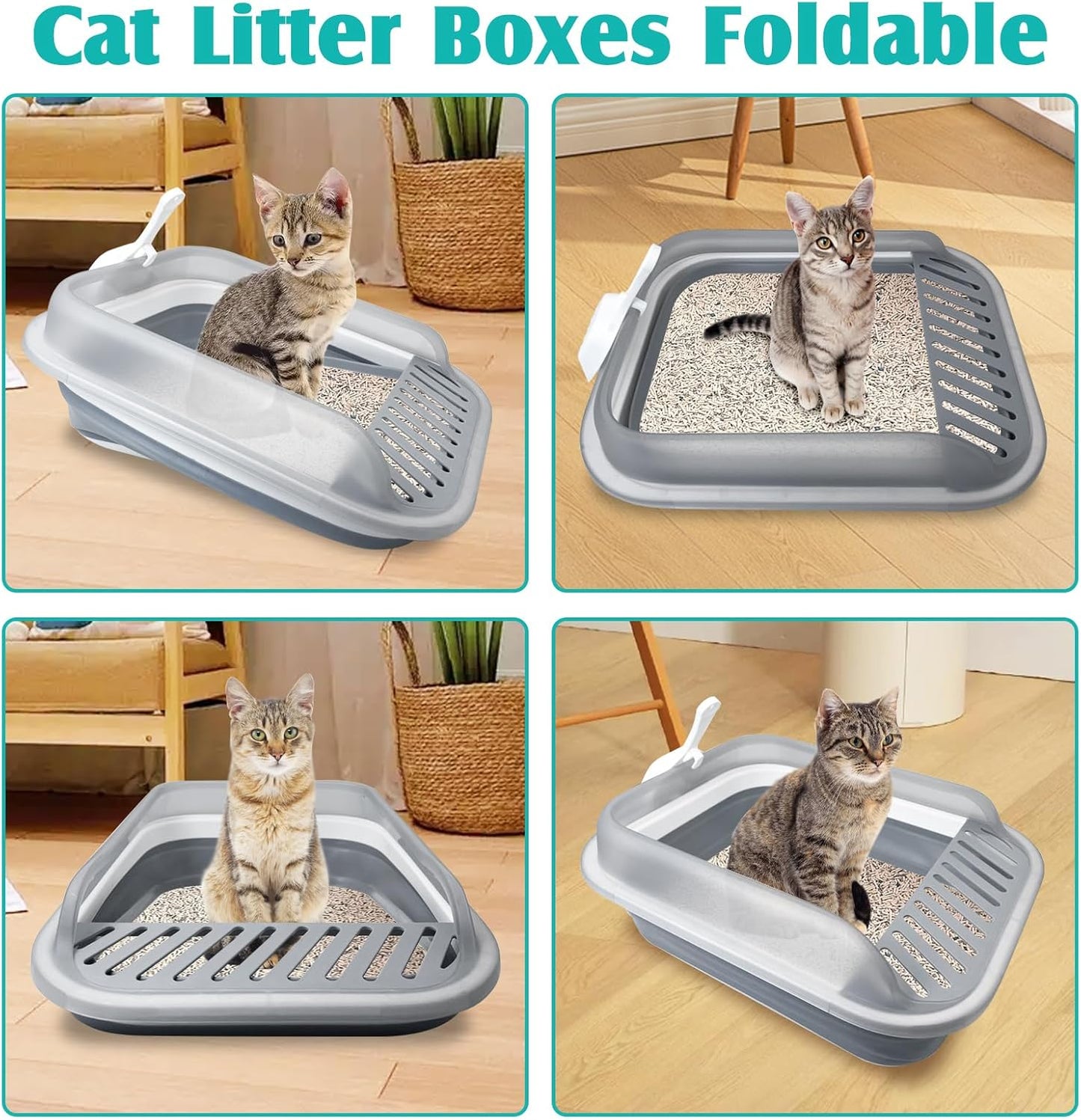 VCEPJH Collapsible Litterbox with High Sides Small Cats Litter Pan with Scoop Open Cat Litter Box Portable Travel Kittens Toilet Kitten Starter Kit for Kittens Adult and Elderly Cats (Grey)