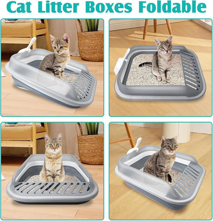 VCEPJH Collapsible Litterbox with High Sides Small Cats Litter Pan with Scoop Open Cat Litter Box Portable Travel Kittens Toilet Kitten Starter Kit for Kittens Adult and Elderly Cats (Grey)