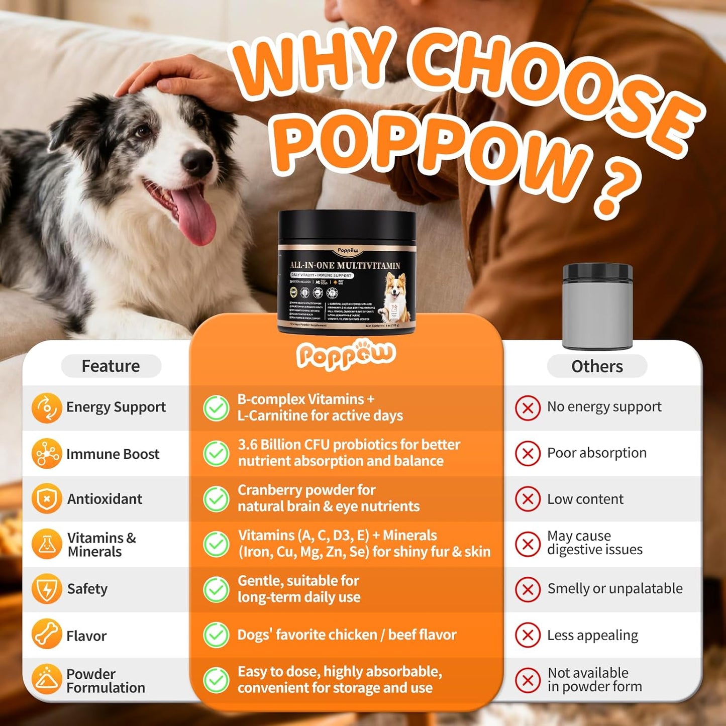 Dog Vitamins and Supplements for Daily Energy, Immune, Antioxidants, Gut, Joint, Skin, Coat, Multivitamin Powder for Dogs with L-Carnitine, Taurine, Probiotics - Chicken Flavor, 75 Scoops