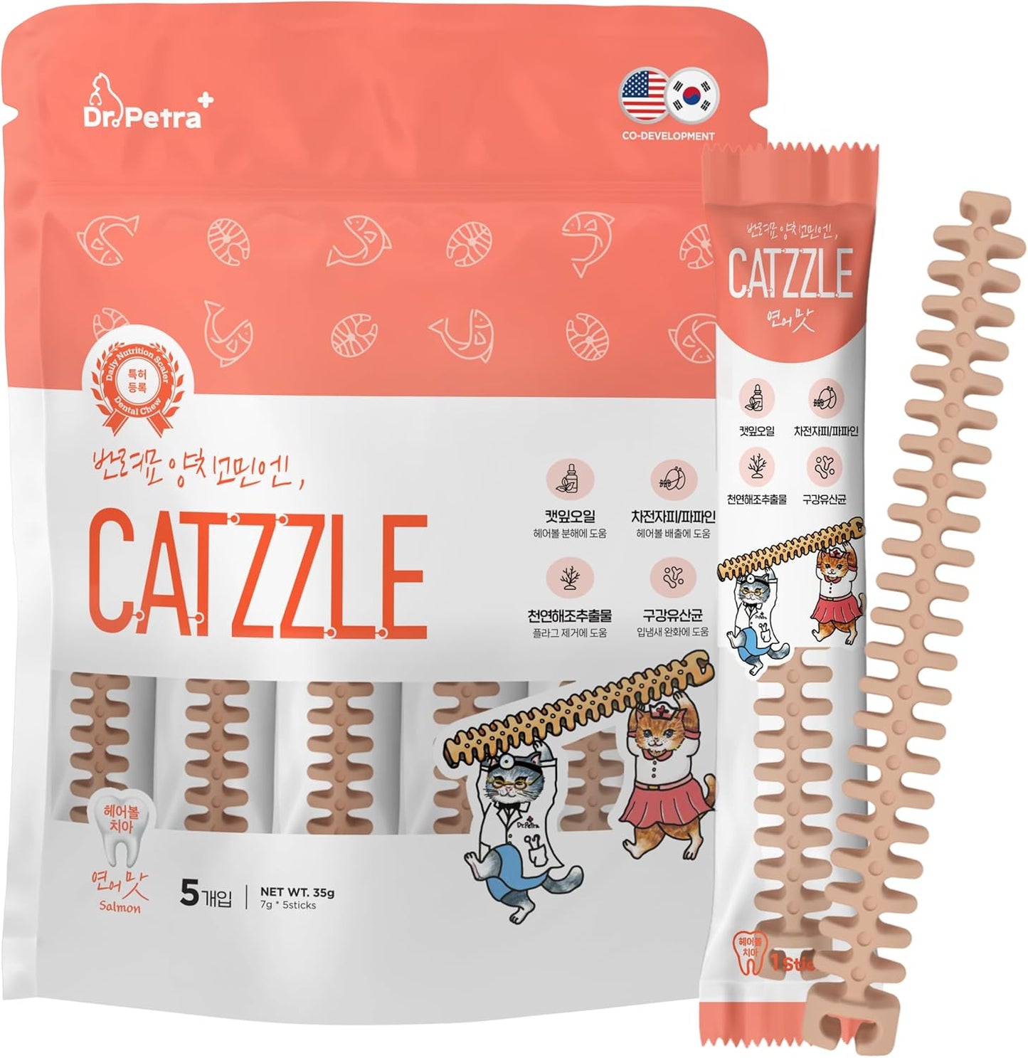 CATZZLE Cat Treats, Dental Chews for Indoor Cats, Cat Teeth Cleaning, Dental Care Snacks - Hairball Control (Salmon Flavor) (5 Sticks (Pack of 1))