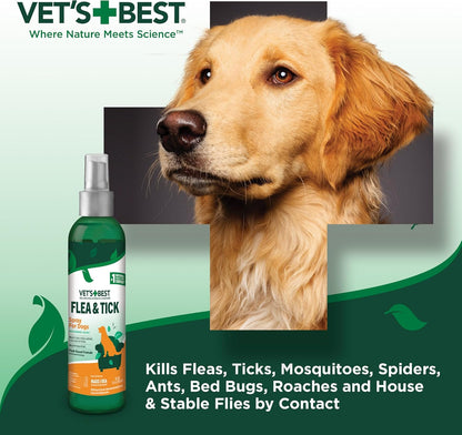 Vet's Best Natural Flea and Tick Spray for Dogs – Plant-Based Flea Repellent with Certified Essential Oils – Natural Pest Control and Prevention – Non-Toxic Formula for Home Use – 8 oz Bottle
