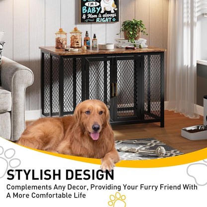 48 Inch Large Dog Crate Furniture with Top Access Door, Heavy Duty Wooden Indoor Flip Top Pet Cage Farmhouse Style for Large, Medium, Small Dogs, Brown