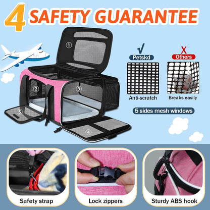 Petskd Top and Side Expandable Pet Carrier 17x11x9.5 Inches Alaska Airline Approved, Soft-Sided Carrier for Small Cats and Dogs with Locking Safety Zippers and Anti-Scratch Mesh(Pink)