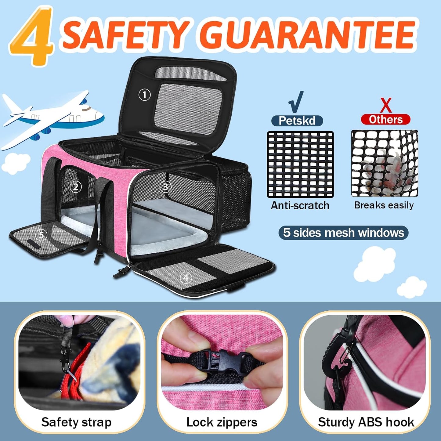 Petskd Top and Side Expandable Pet Carrier 17x11x9.5 Inches Alaska Airline Approved, Soft-Sided Carrier for Small Cats and Dogs with Locking Safety Zippers and Anti-Scratch Mesh(Pink)