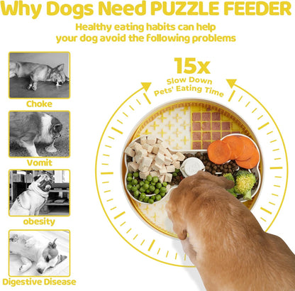 Puzzle Feeder Slow Feeder Dog Bowl with Lick Mat and Puzzle Inserts - Non-Slip Base, Adjustable Speed Design, Dishwasher Safe for Large Dogs,Yellow