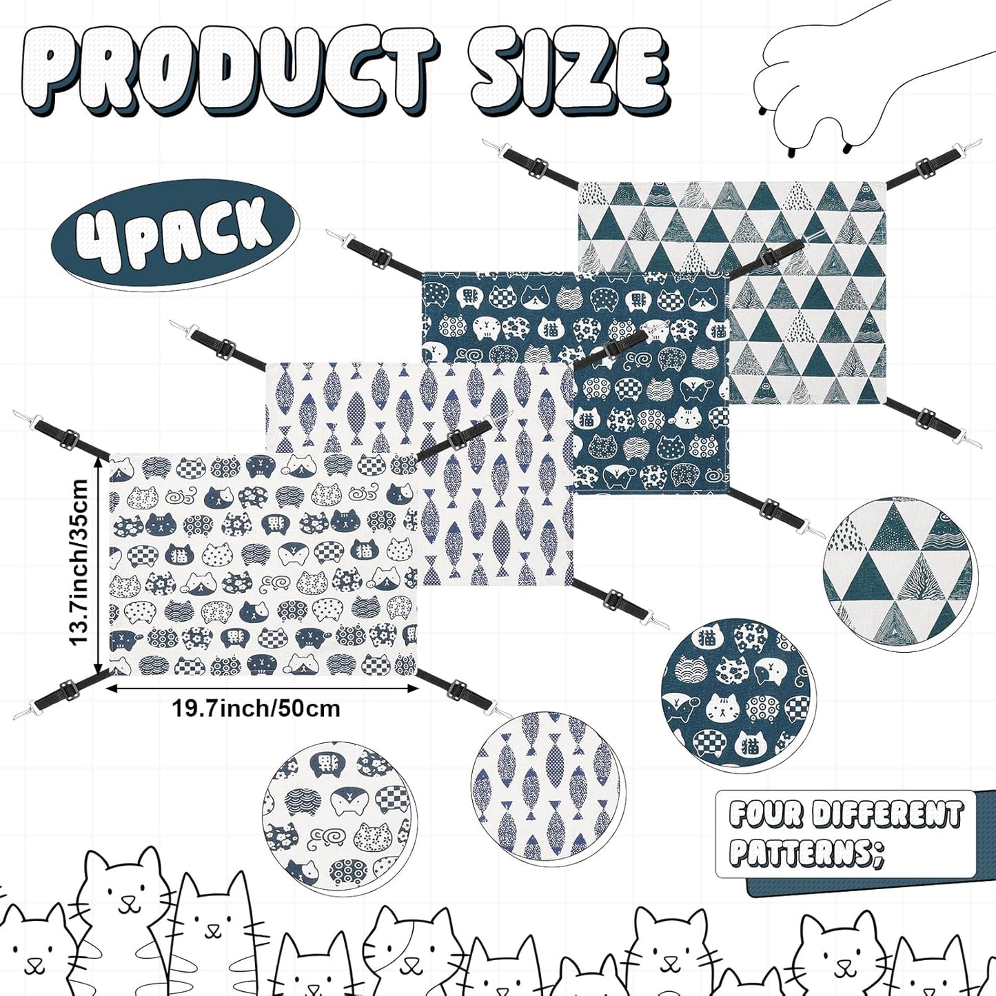 4 Pcs Cat Hammock for Cage Hanging Reversible Cat Hammock Soft Bed Catio Accessories for Winter and Summer 20x14 Inch with Adjustable Straps and Metal Hooks Double Sided for Kitten Ferret Small Animal