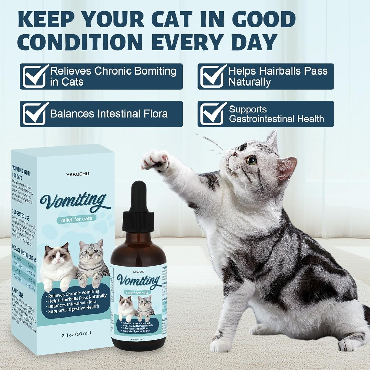 Vomiting Relief for Cats, Cat Vomit Remedy, Probiotic Digestive Support Liquid, Helps Reduce Hairballs, Relieve Sensitive Stomach & Support Gut Health, Gentle Daily Formula - 60mL