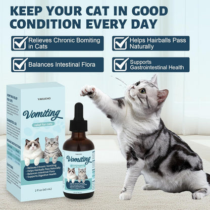 Vomiting Relief for Cats, Cat Vomit Remedy, Probiotic Digestive Support Liquid, Helps Reduce Hairballs, Relieve Sensitive Stomach & Support Gut Health, Gentle Daily Formula - 60mL