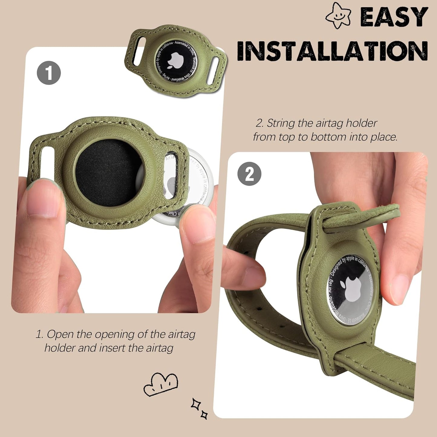 AirTag Cat Collar with Bell & Fabric Liner - Pet Collar Leather Cat Collar - Non Breakaway Leather Kitten Collar with AirTag Holder - GPS Cat Collars for Boy Cats, Girl Cats (Olive Green)