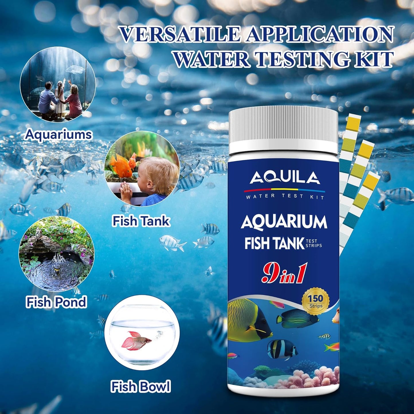 Aquarium Water Test Kit 9-in-1, Aquarium Ammonia Test Strips for Fish Tanks and Ponds, 150 Strips Testing pH Total Alkalinity Hardness Chlorine Nitrite Sulfate Copper Iron for Fresh and Salt Water