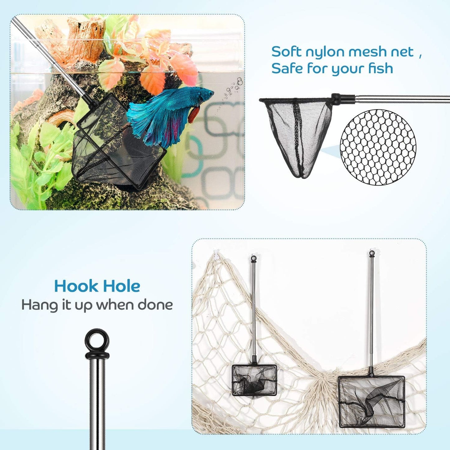 2 Pieces Fish Tank Net Aquarium Mesh Fish Net Long Handle Fish Net with Extendable 12.5-27.5 Inch Stainless Steel Catch Nets for Fish Tank Aquarium Accessories (4 Inch, 6 Inch)