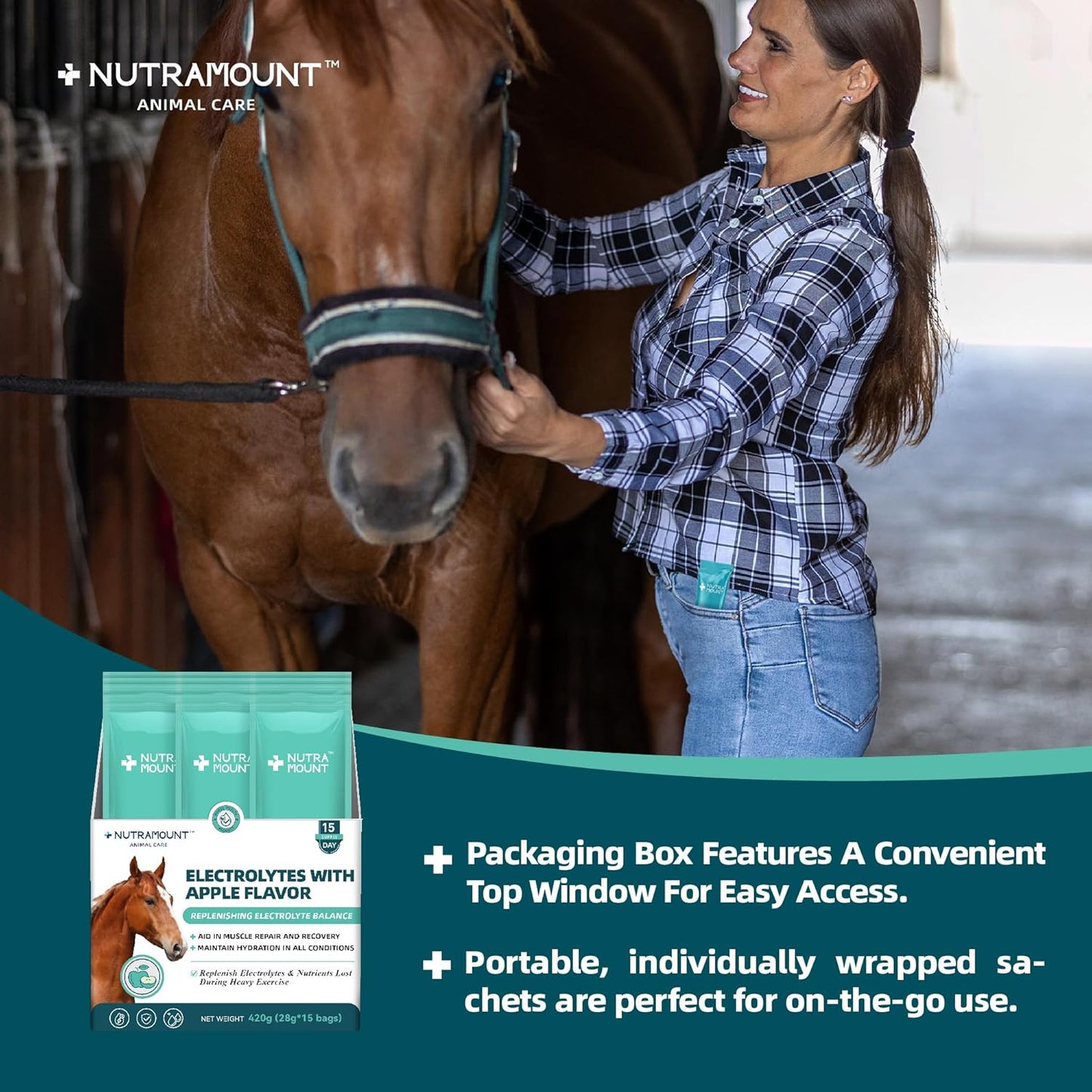 Equine Electrolytes Supplement with Apple Flavor, Replenish Lost Minerals & Support Hydration for Horses During Training, Hot Weather or Travel – 420g