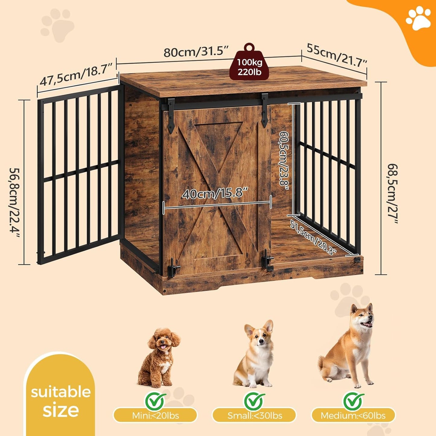 31.5" Cat Litter Box Enclosure and 31.5" Dog Crate Furniture Bundle, Hidden Litter Box Furniture with Divider, Heavy Duty Dog Kennel for Small Dogs, Indoor Pet House, CWHR2501Z-DCHR8001