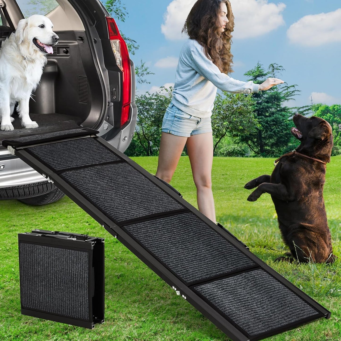 Collapsible Dog Ramp for Car, SUV & Truck – Heavy-Duty Non-Slip Surface, Portable Quad-Fold Stairs for Large Dogs up to 250 lbs, Lightweight and Easy Access, Size: 63x20 inch