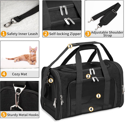 Soft-Sided Cat/Dog/Pet Carrier, Collapsible Pets Travel Carriers for Big Cats/Small Dogs with Shoulder Strap & Removable Mat, Mesh Puppy Carry Bag, Up to 16 Lbs, TSA Airline Approved(Black)