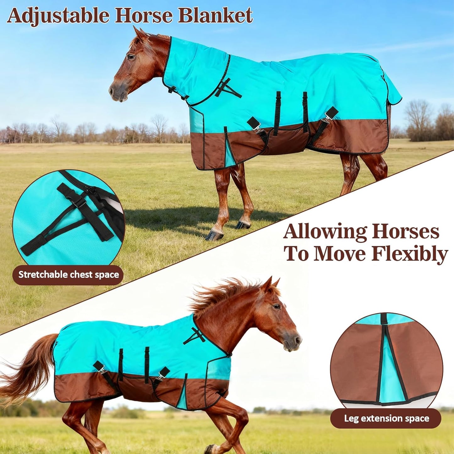 72" Horse Blankets Winter for Real Horses, 600D Waterproof & No Filling Turnout Sheet with Removable Neck Cover, Windproof Tail Flap and Belly Wrap, Suitable for Stables, Pastures and All-Weather Use