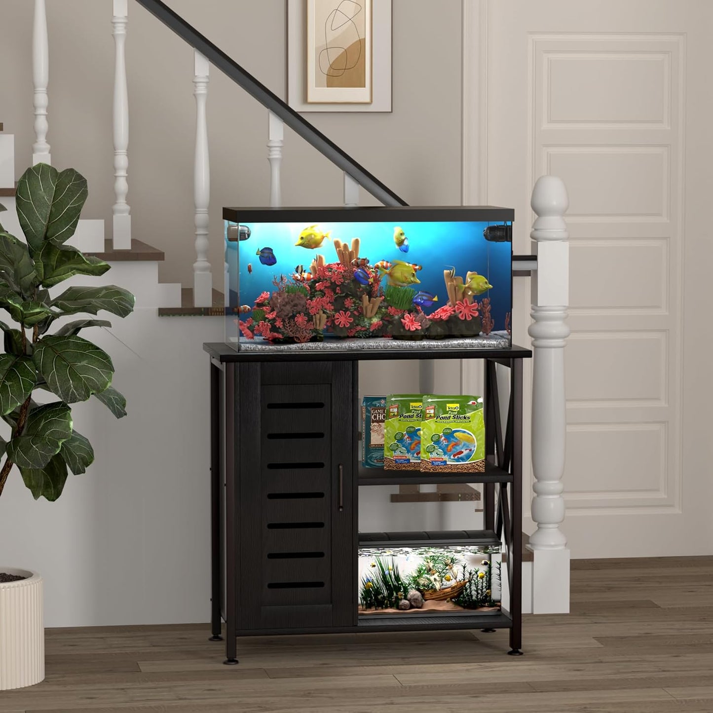 20-29 Gallon Fish Tank Stand, Aquarium Stand with Cabinet Accessories Storage, Heavy Duty Metal Frame, 31.49" L*15.74" W Tabletop, 330LBS Capacity, Black PG07YGB