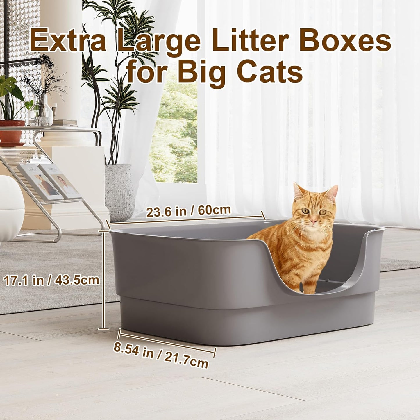 Extra Large Cat Litter Box for Big Cats - High Sides & Low Enter Design, 23.6x17.1x8.54 Inches Spacious Anti-Spill Pet Toilet（Grey）