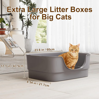 Extra Large Cat Litter Box for Big Cats - High Sides & Low Enter Design, 23.6x17.1x8.54 Inches Spacious Anti-Spill Pet Toilet（Grey）