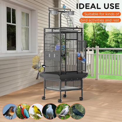 Spacious 60 Inch Wrought Iron Bird Cage with Rolling Stand, Play Top, 4 Stainless Steel Bowls - Ideal for Conure, Cockatiel, Parakeet, Lovebird, Budgie, Small Birds