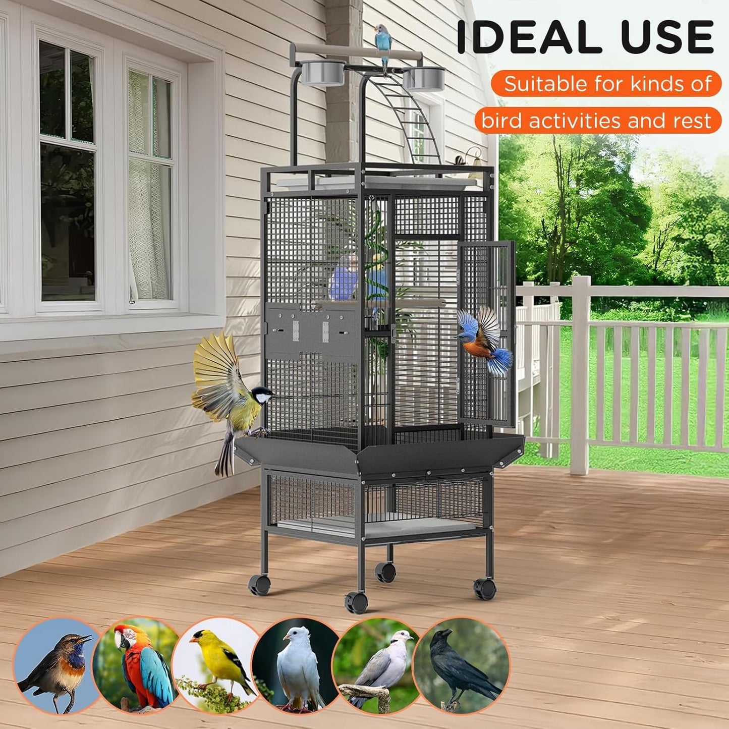 60 Inch Playtop Wrought Iron Large Parrot Bird Cages with Rolling Stand,4 Stainless Steel Bowls,Slide-Out Tray for Cockatiels Quaker Conure Parakeet Lovebird Finch Canary Small Medium Parrot Cage