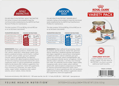Royal Canin Feline Health Nutrition Indoor Adult & Adult Instinctive Thin Slices in Gravy and Morsels in Gravy Variety Pack Cat Food, 3 oz (Pack of 12)
