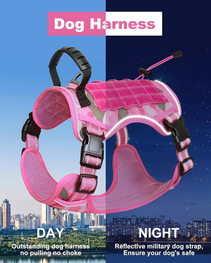 Hotsky Tactical Dog Harness and Leash for Medium Dogs No Pull, Adjustable Military Service Dog Vest Reflective Pet Harness with Control Handle Molle System for Dogs Training Walking(Pink Camo, XL)