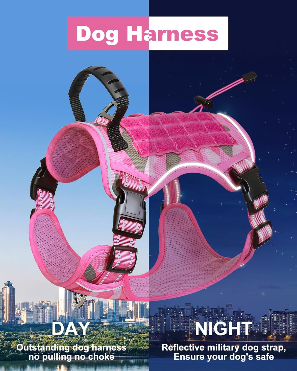 Hotsky Tactical Dog Harness and Leash for Medium Dogs No Pull, Adjustable Military Service Dog Vest Reflective Pet Harness with Control Handle Molle System for Dogs Training Walking(Pink Camo, XL)