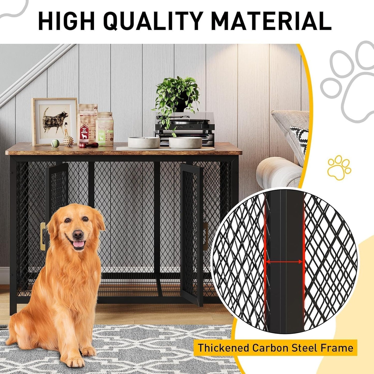 48 Inch Large Dog Crate Furniture with Top Access Door, Heavy Duty Wooden Indoor Flip Top Pet Cage Farmhouse Style for Large, Medium, Small Dogs, Brown