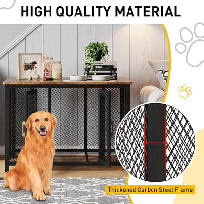 48 Inch Large Dog Crate Furniture with Top Access Door, Heavy Duty Wooden Indoor Flip Top Pet Cage Farmhouse Style for Large, Medium, Small Dogs, Brown