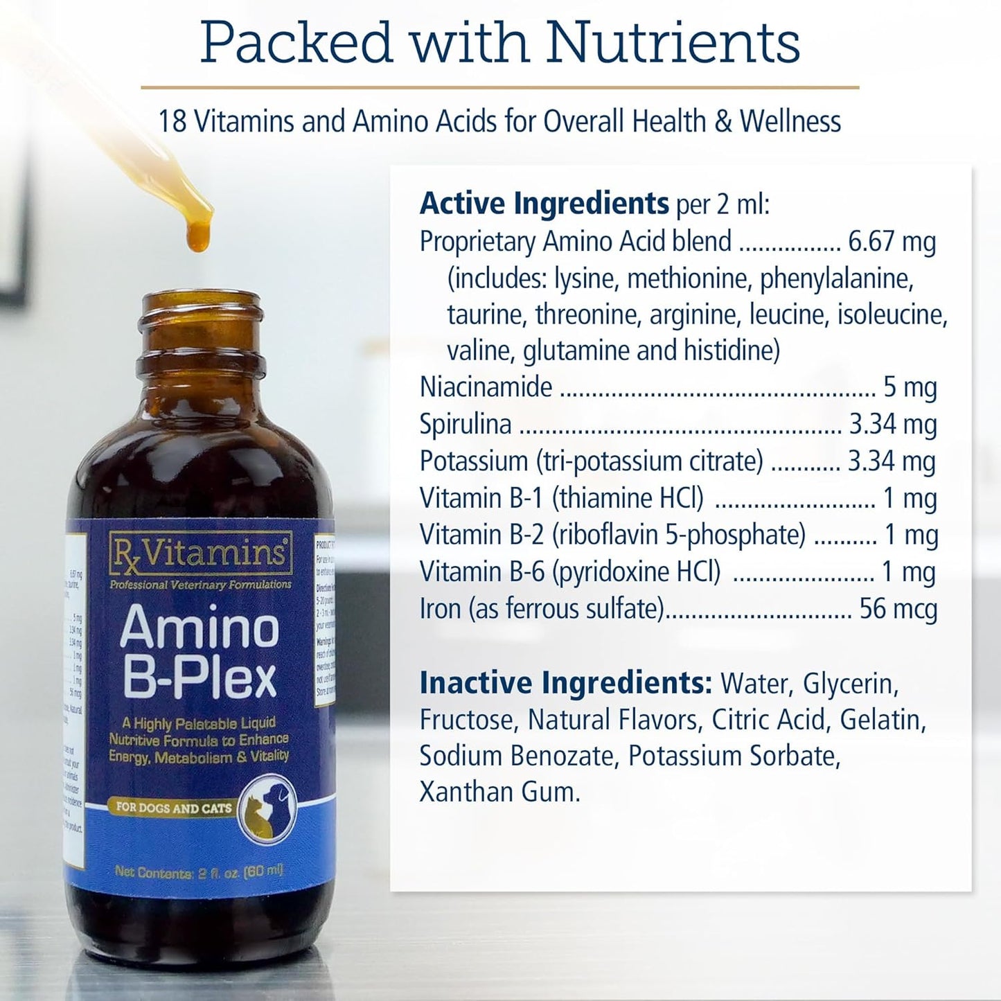 Rx Vitamins Amino B Plex Cat & Dog Supplement - Vitamin B Complex Liquid Plus Amino Acids for Dogs & Cats - Appetite Booster and Weight Gainer Cat & Dog Vitamins - 2 oz