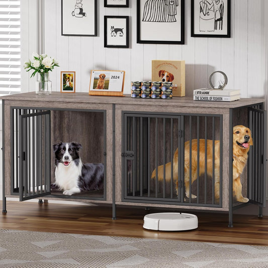 EasyCom Dog Crate Furniture for 1 or 2 Dogs, Heavy Duty Single/Double Dog Crates for Small/Medium/Large Dogs, Dog Kennel Furniture Indoor as TV Stand, Large Size 78.74" L(35-60 Pounds), Oak Grey