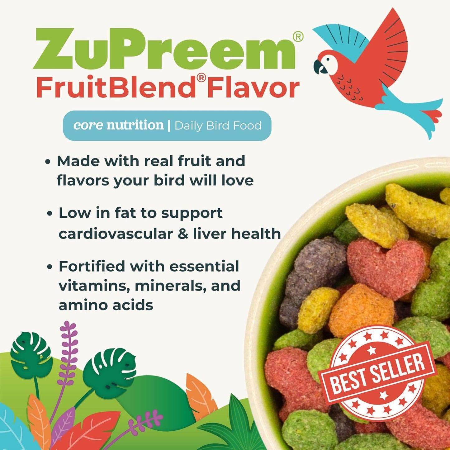 ZuPreem FruitBlend Bird Pellets, Daily Bird Food for Parrot, Conure, Caique, African Grey, Eclectus, Small Cockatoo, Core Nutrition for Medium Large Birds, Parrot Food (ML, 3.5 lbs)