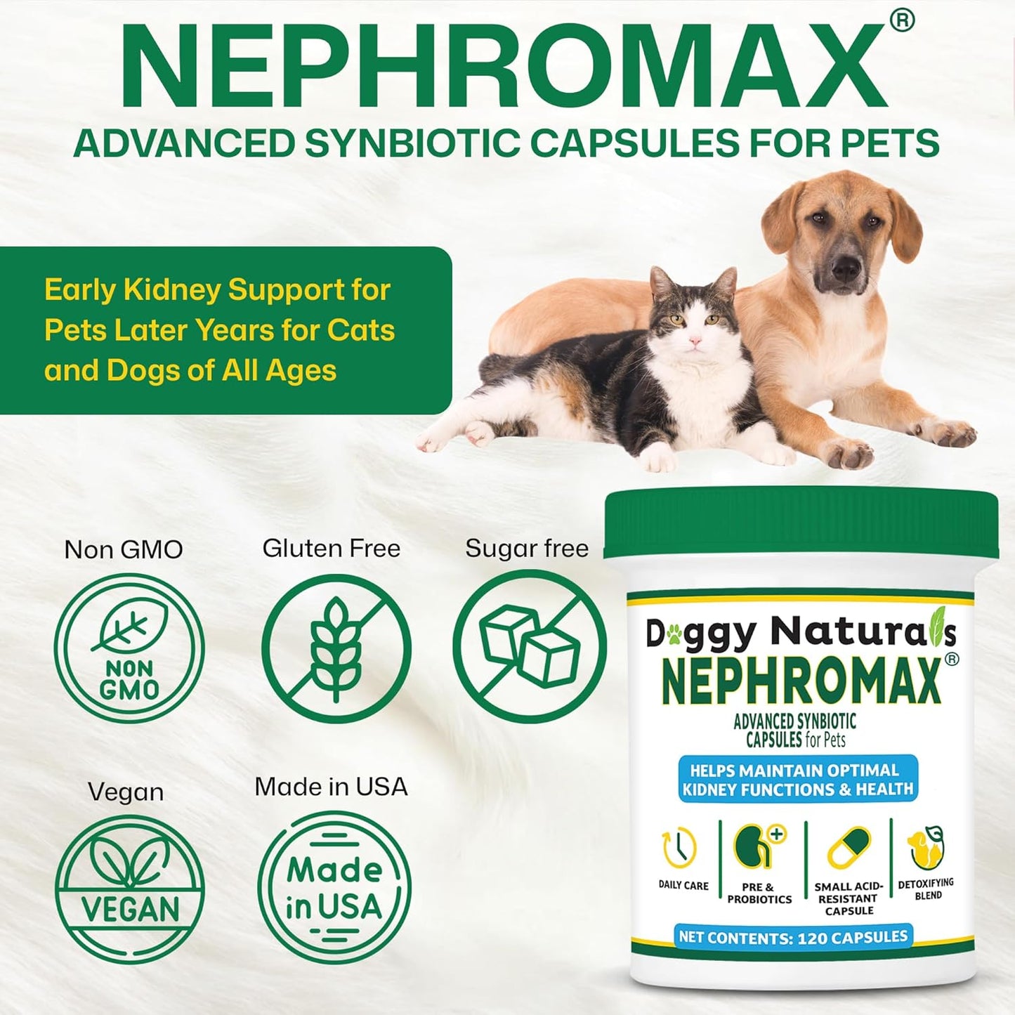 NEPHROMAX™ Synbiotic Capsules Dogs Cats (240 Caps)- Kidney Support Supplement for Cats & Dogs, Probiotics & Prebiotics for Digestive Health, Small & Easy-to-Swallow Capsules Made in The USA