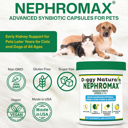 NEPHROMAX™ Synbiotic Capsules Dogs Cats (240 Caps)- Kidney Support Supplement for Cats & Dogs, Probiotics & Prebiotics for Digestive Health, Small & Easy-to-Swallow Capsules Made in The USA