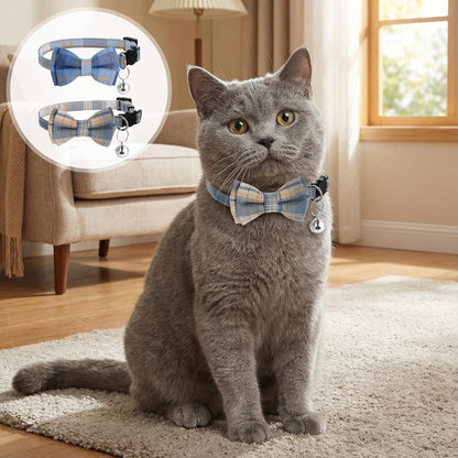 2Pcs Cat Collar Breakaway, Cat Bowtie Collar with Bells Soft Adjustable Kitten Accessories, Cute Plaid Cats Collar with Cat Buckle for Kitten Puppy and Small Pets