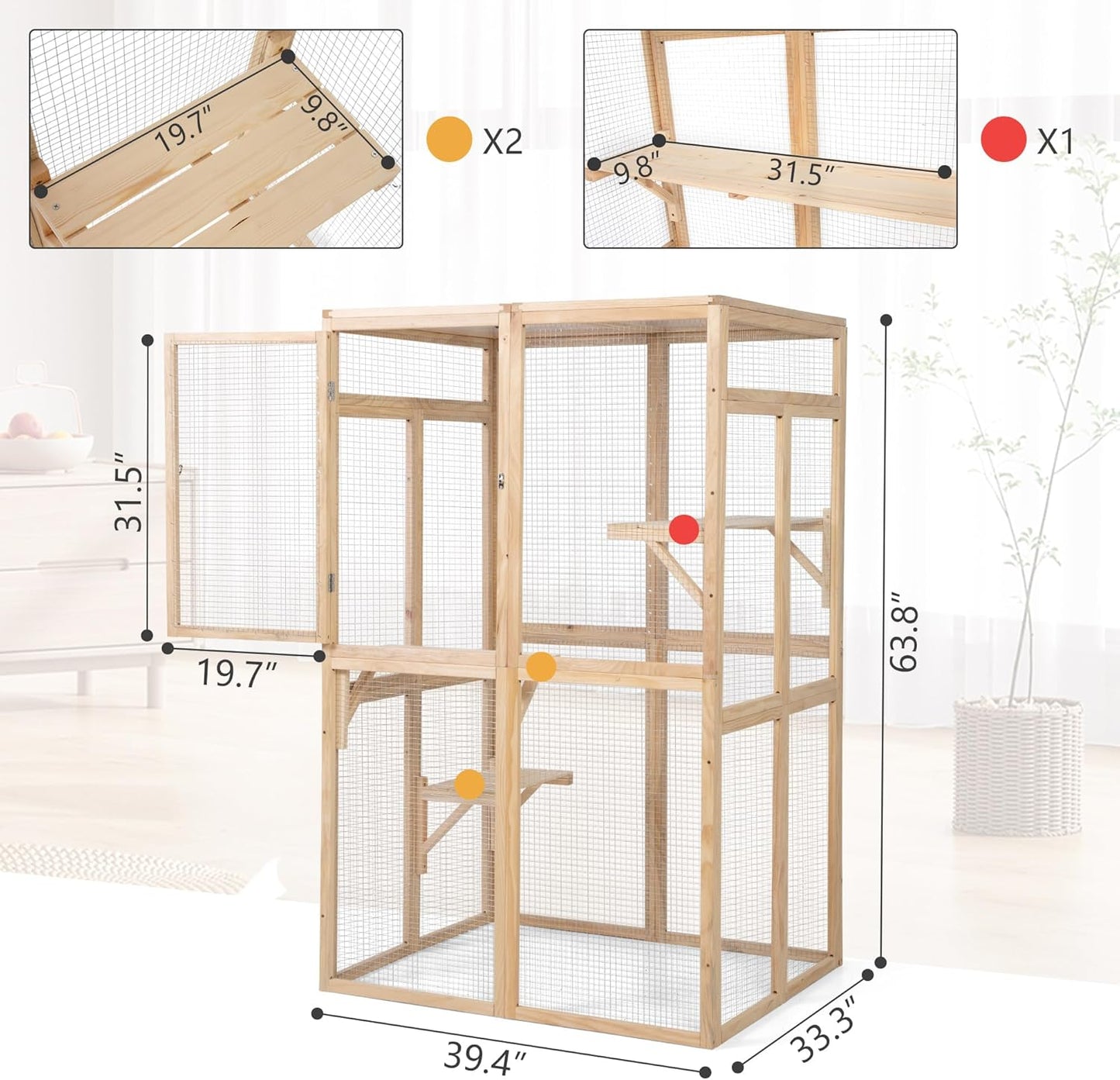 Wooden Cat Catio Outdoor Enclosure with Hammock and Platforms, Weatherproof Design, Burlywood